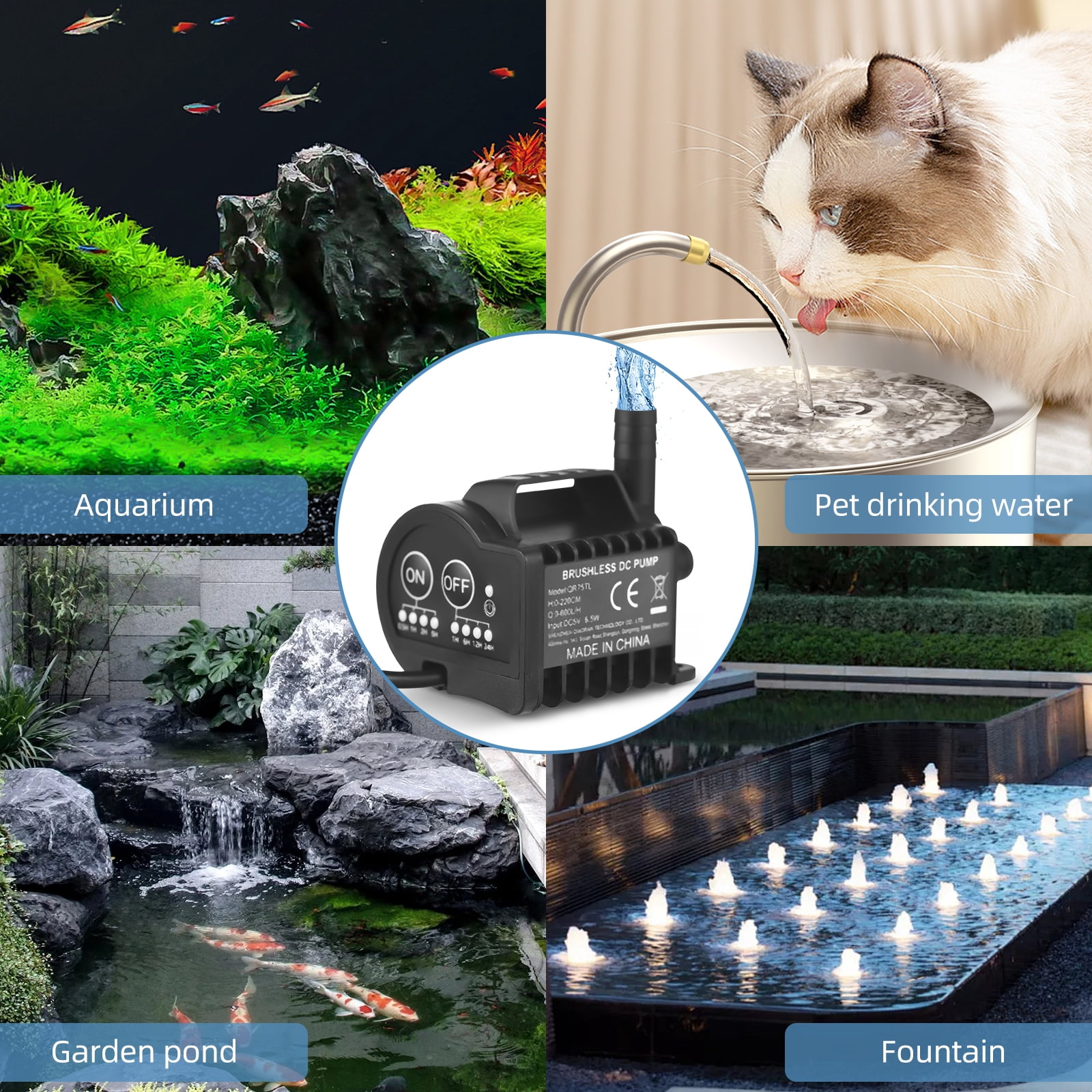 Mini 5V Water Pump with 4 Gear On/Off Timing, Acceleration and Deceleration Function, Max 600L/H Flow 7.2ft Lift, USB Charging Cable and Suction Cup Base