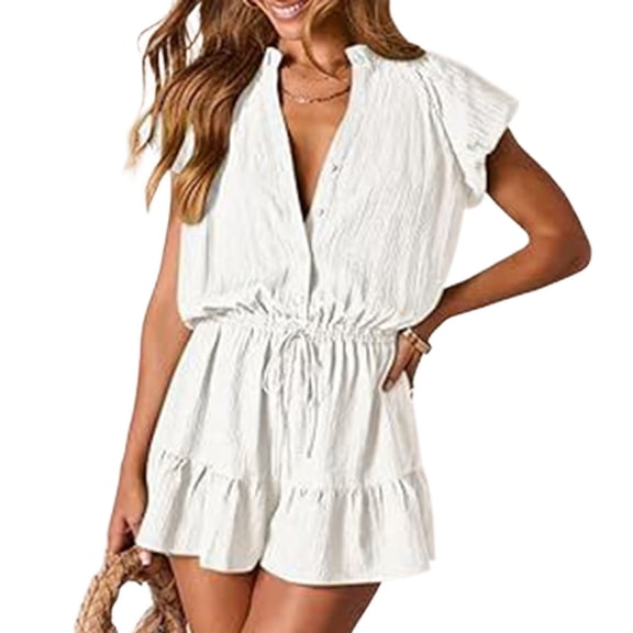 Yopmin Short Sleeve Rompers for Women Ruffle V Neck Summer Casual Button Up Boho Romper Dress Shorts for Travel