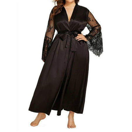 

KVMeteor Women s Plus Size See Through Lace Long Sleeve Tied Nightgown Pajamas