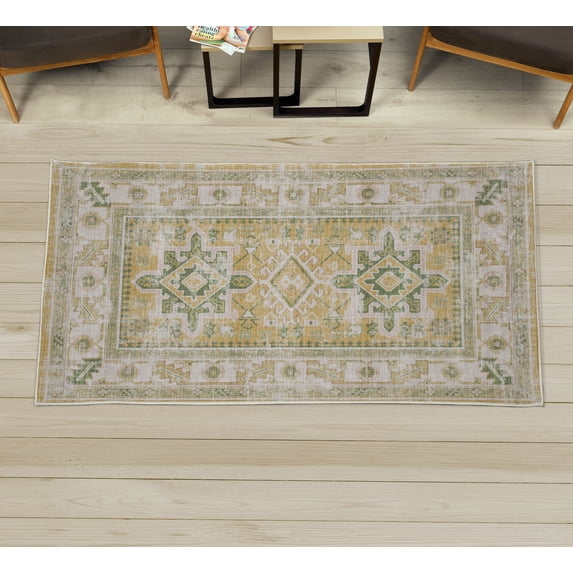 Ethnic Decorative Rug, Folkloric Colorful Abstract Tribal Ornaments and Shapes Grunge Geometric, Quality Carpet for Bedroom Dorm and Living Room, 6 Sizes, Mustard and Green, by Ambesonne
