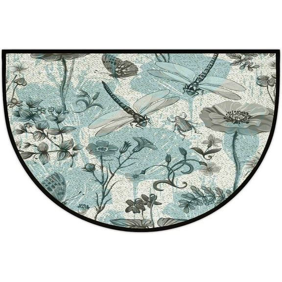 Dragonfly Folk Ornament Half Round Door Mat Bath Mat Half Circle Area Rug Indoor Outdoor Doormat Non Slip Bathroom Rugs Entrance Floor Mats Home Decor Rug for Kitchen 16x24 Inch