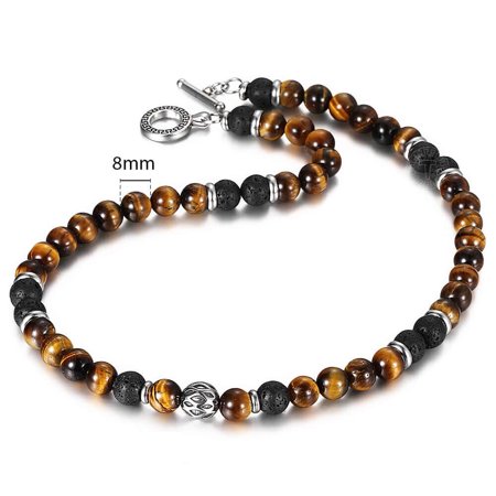 Men's 8mm Natural Tiger Eye Lava Bead Necklace Stainless Steel Toggle 18/20/24"