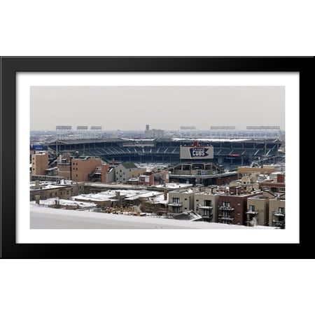 Wrigley Field in Winter 40×24 Large Black Wood Framed Print Art – Home of the Chicago Cubs