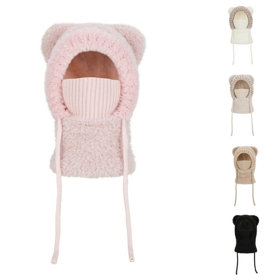 Kids Winter Hat with Face Cover & Neck Warmer, Plush Pullover Balaclava for Children 4-10 Years, Stretchable One Size Fits Most, Warm Ear Protection for Outdoor Activities