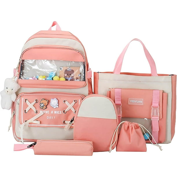 Conjunto de mochila Kawaii de 5 uds. Para niñas adolescentes, bonitas mochilas escolares de 17 pulgadas con bolso de hombro, caja de lápices, bolso de mano, bolso pequeño, rosa