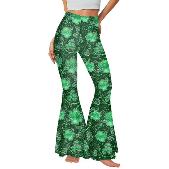 Pantalon de la Saint-Patrick pour Femme Décontracté Vert à Quatre Feuilles Imprimé à Lacets Évasé Pantalon pour Femme Liquidation Pantalon pour Femme Pantalon à Jambe Grand pour Femme Taille Haute