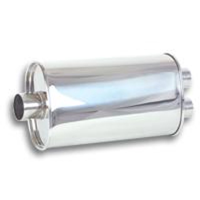Vibrant Performance 1111 Exhaust Muffler StreetPower 9 Inch Width X 5 Inch Height Stainless Steel Case; Single 3 Inch Center Inlet; Dual 2-1/2 Inch Outlet; 15 Inch Body/20 Inch Overall Length