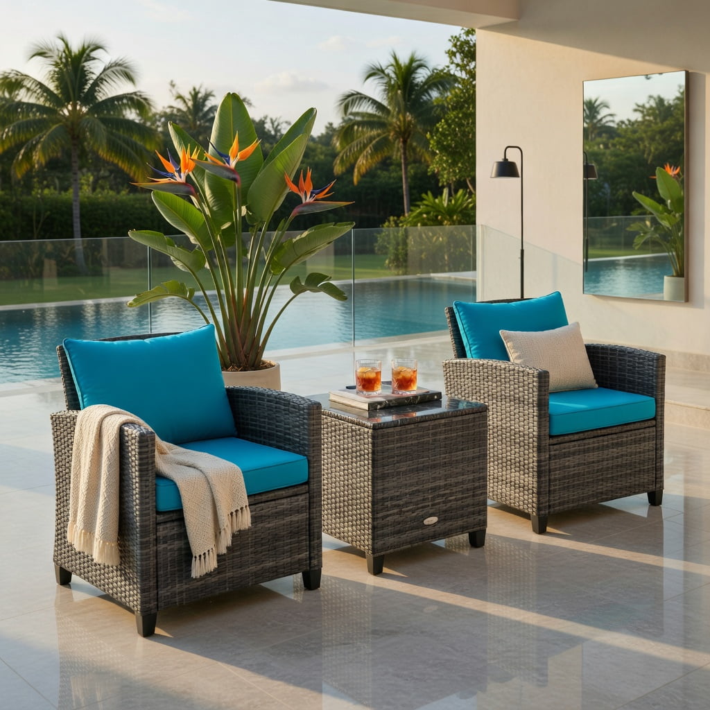 Hommoo 3-Piece Outdoor Wicker Conversation Set, Tempered Glass Coffee Table & 2 Armchairs with Removable Cushions, PE Rattan & Steel Frame, Turquoise