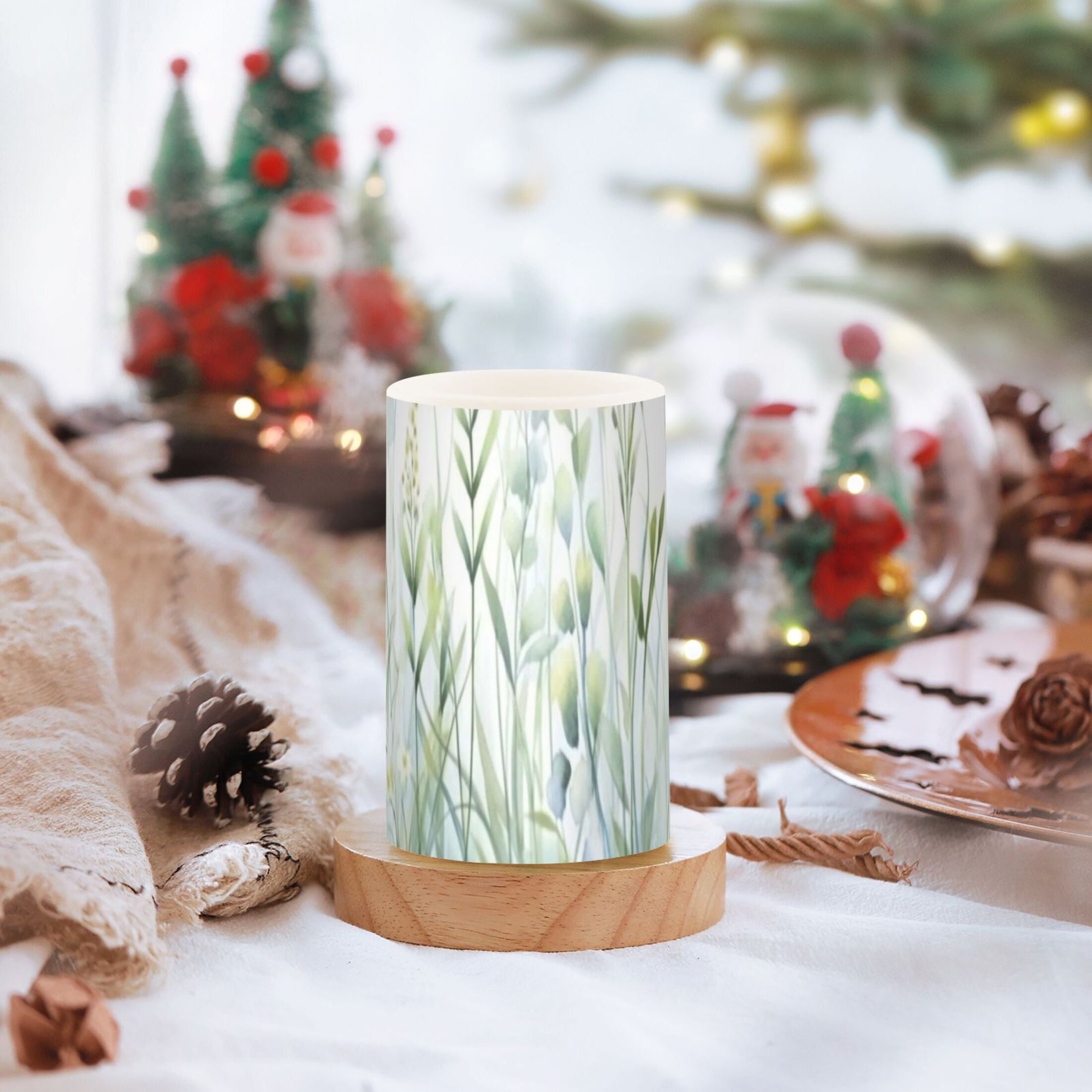 Watercolour Plants and Flowers Flickering Flameless Candles Battery Operated with Remote Timer LED Pillar Candles Set of 2