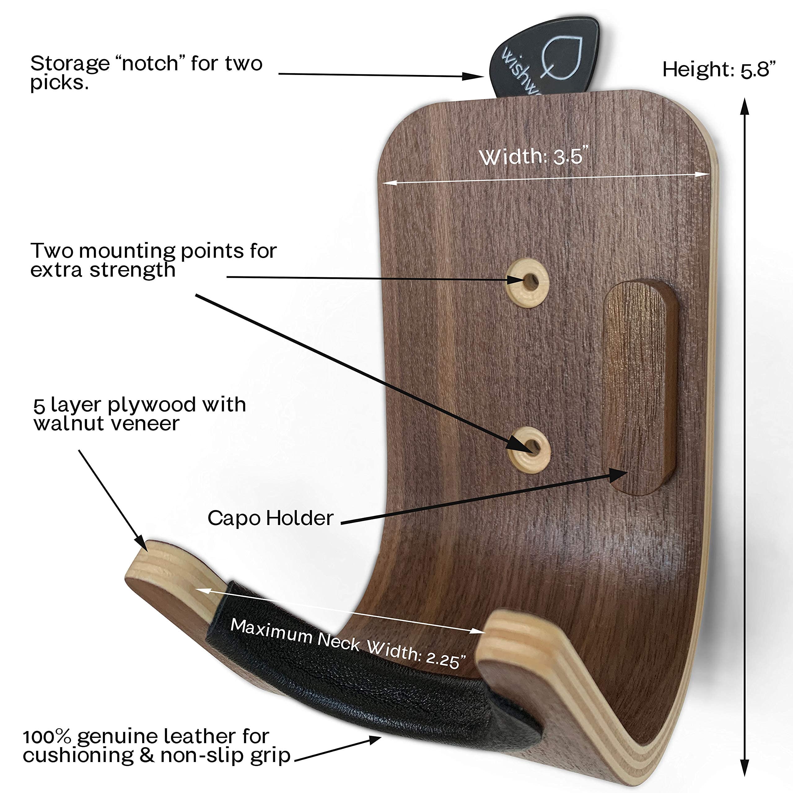 Guitar Wall Mount Hooks 2 Pack: Modern Design Hanger For Storage & Display. Heavy Duty Ply Wood Hook Holder The Wall. Hangers Stand Acoustic Guitars  Ukulele Bass Violin Cello