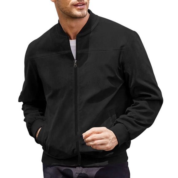 Lovzfmll Men's Suede Baseball Jacket Retro Style Zip Up Casual Black, 2XL