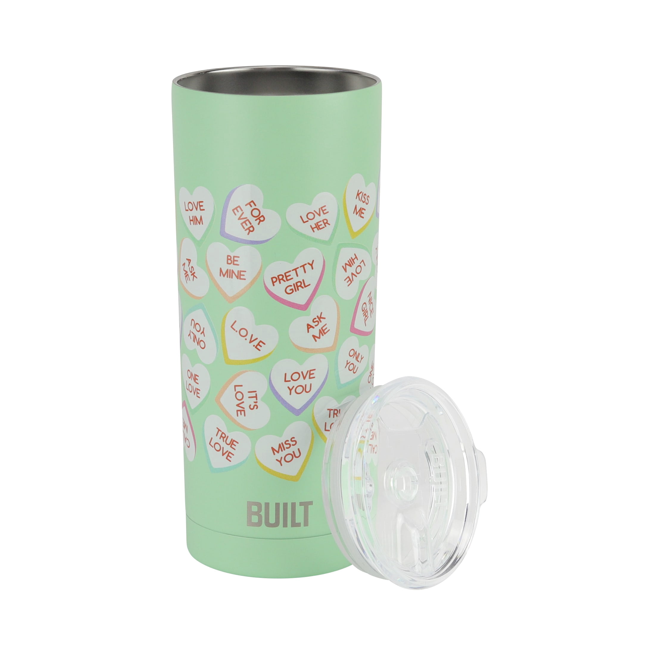 BUILT Valentine's Day Insulated Stainless Steel 20 oz Tumbler Green Conversation Hearts