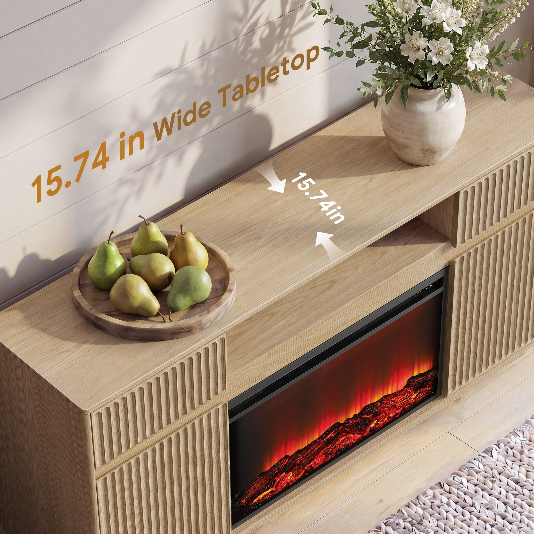 SESSLIFE Fireplace TV Stand for 70 Inch TV, 31'' Tall Mid Century Modern Fluted TV Stand with 2 Cabinets & Drawers, Entertainment Center with 3D Flame Electric Fireplace Heater, Natural Oak