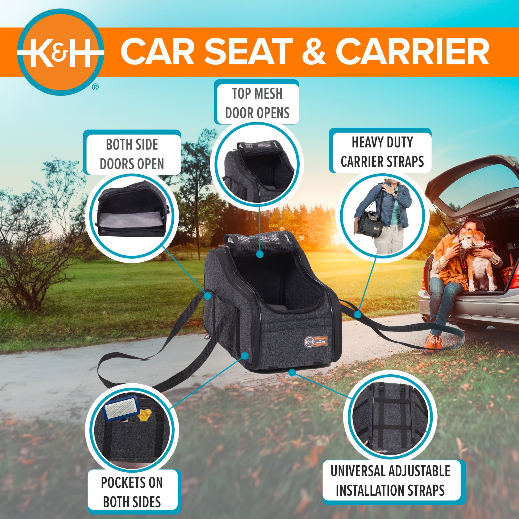 K&H Pet Products Portable Pet Console Booster Dog Car Seat Charcoal 15 X 10 X 9.5 Inches