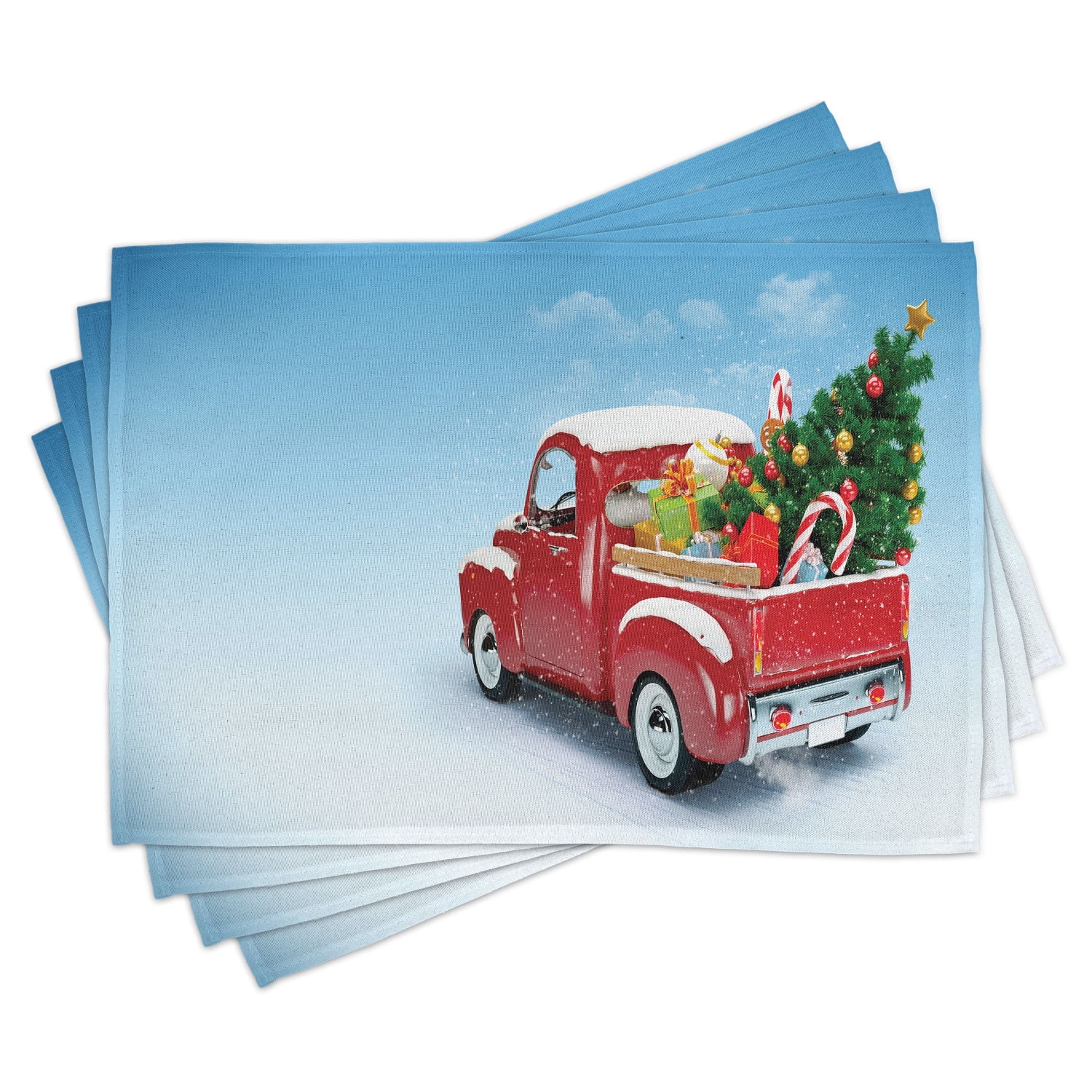 Christmas Placemats Set of 4 Red Classical Pickup Truck with Tree Gifts