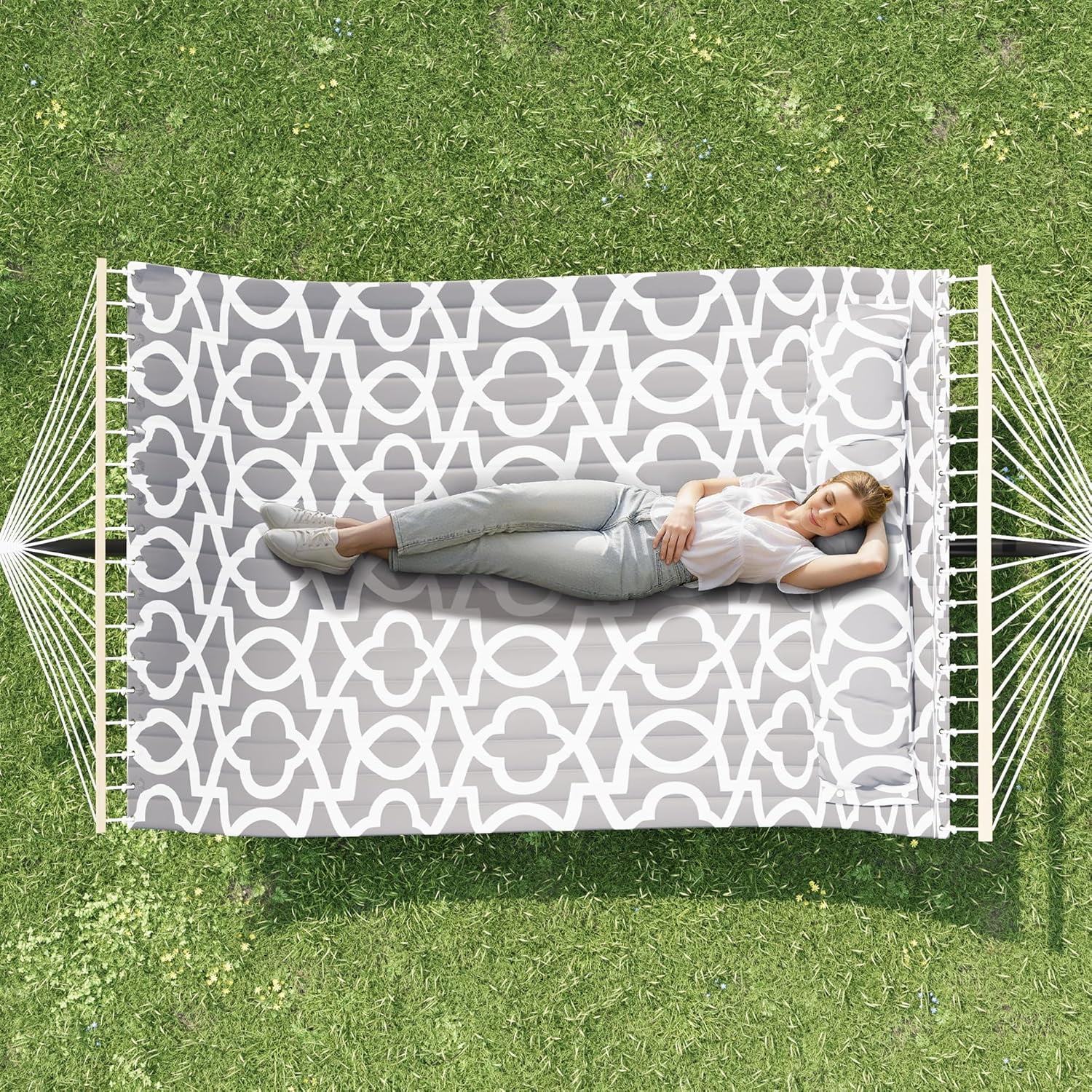 2 Person Hammock with Stand, Heavy Duty Hammock with Carrying Bag, Soft Pillow, 475 lbs Capacity, Freestanding & Portable for Patio, Garden, Camping, Light Grey