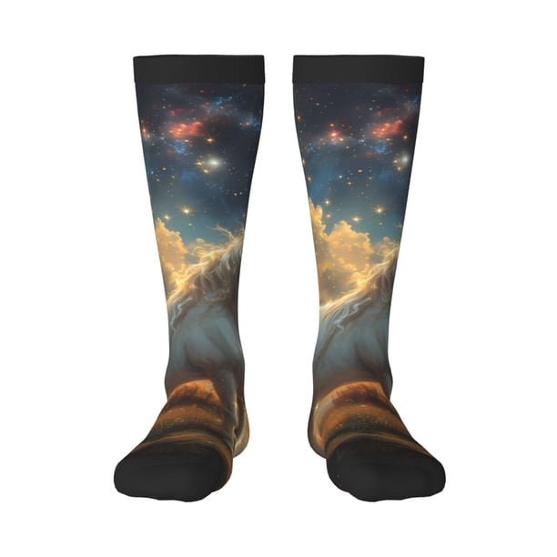 Fotbe Starry Sky White Horse Calcetas Divertidas Estampadas para Hombre y Mujer, Calcetas de Algodón hasta la Rodilla para Caminar, Correr, Enfermería y Embarazo