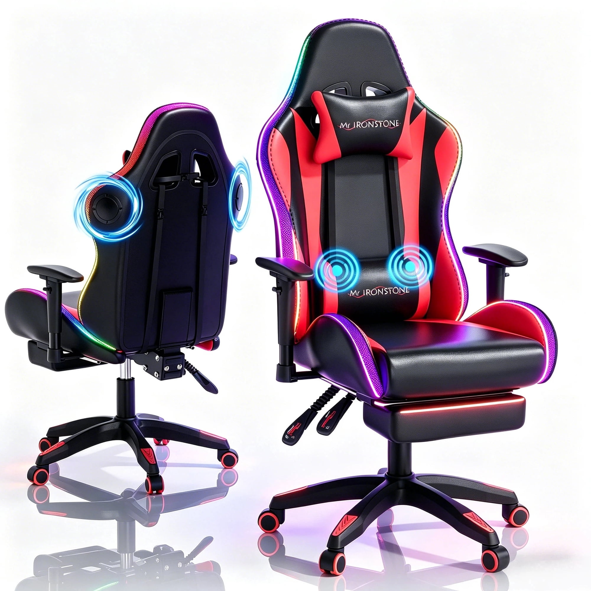 Mr IRONSTONE Gaming Chair with Bluetooth Speakers and RGB LED Lights, Ergonomic Massage Computer Chair with 3D Armrests and Footrest, Red/Black