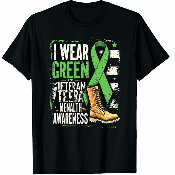 I Wear Green For Veteran Mental Health Awareness Military Graphic Black T-Shirt for Men and Women