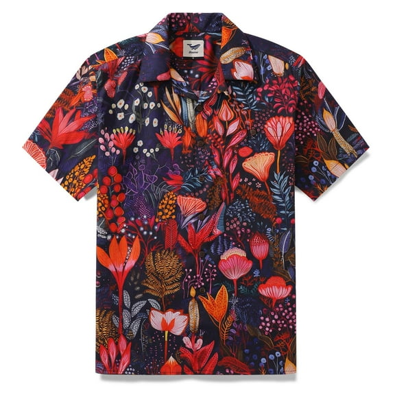 Short Sleeve Red Hawaiian Shirt Men's Tropical Shirt Camp Collar 100% Cotton Shirt Dream Scarlet Garden