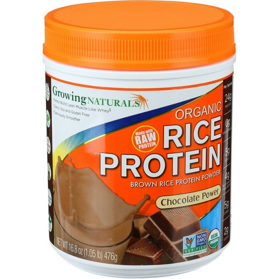 Growing Naturals Organic Rice Protein Powder, Chocolate, 24g Protein, 1.0lb, 16.8oz