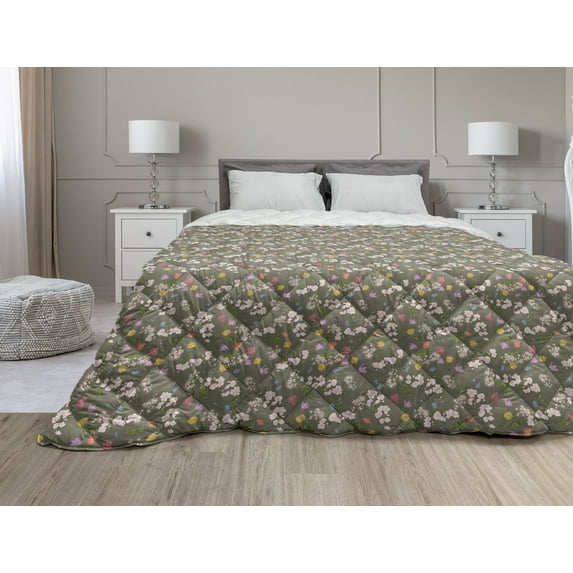 Flower Down Alternative Comforter, Exotic Flowers Flourishing Garden Forest Berry Branches in Pastel Colors, Microfiber Quilt for All Season, 5 Sizes, Pale Peach Night Blue, by Ambesonne