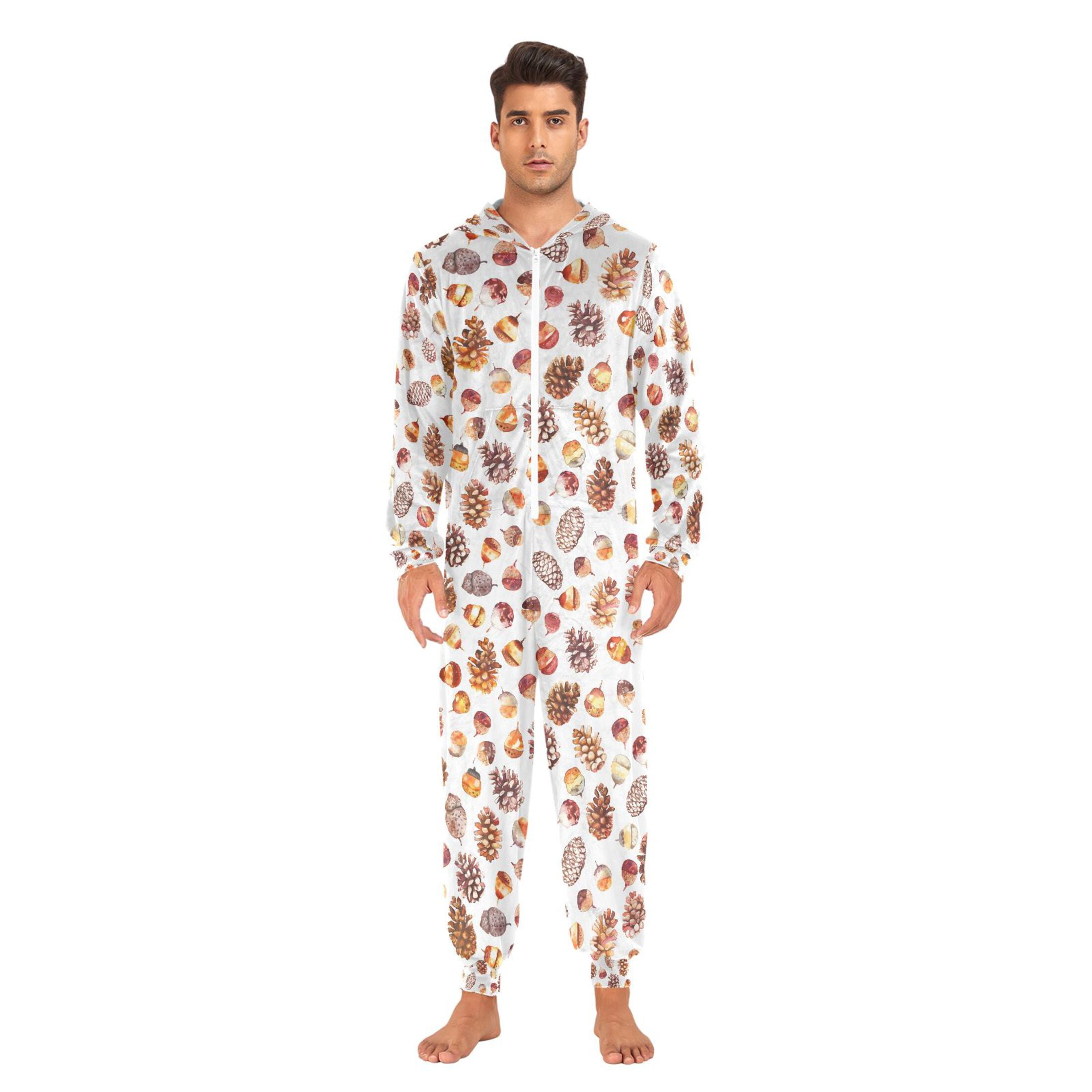 Adult Christmas Onesie Watercolor Pinecone Adult Zipper One-Piece Pajamas Unisex Pajamas with Pockets