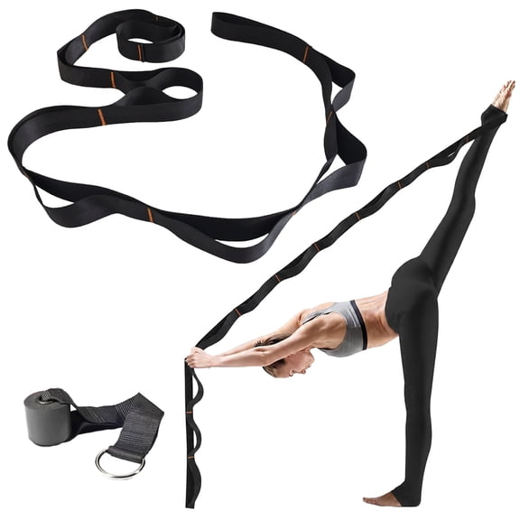 NATPLUS Yoga Stretch Strap with Door Anchor, 12 Loop Stretching Strap for Flexibility Training, Nylon Resistance Band for Yoga, Fitness and Home Workout, Black/Pink