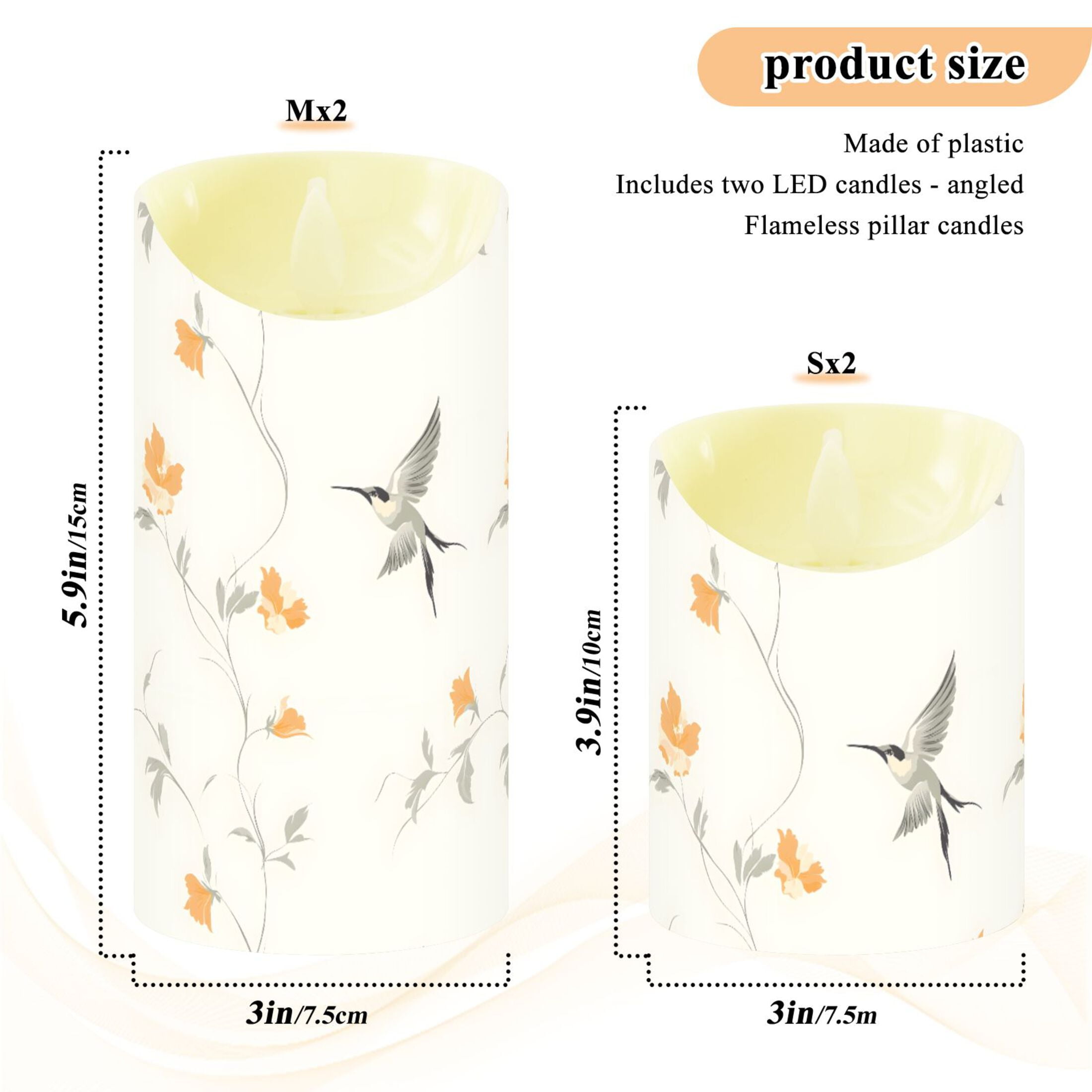 Hummingbird and Flowers Flameless Candles 2 PCS with Remote Realistic Moving Flame LED Tapered Pillar Set for Home Decor