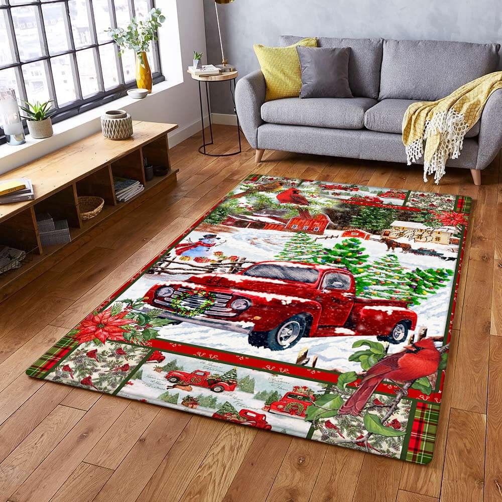 Rectangle Area Rug For Living Room, Bedroom, Red Truck Christmas Rug