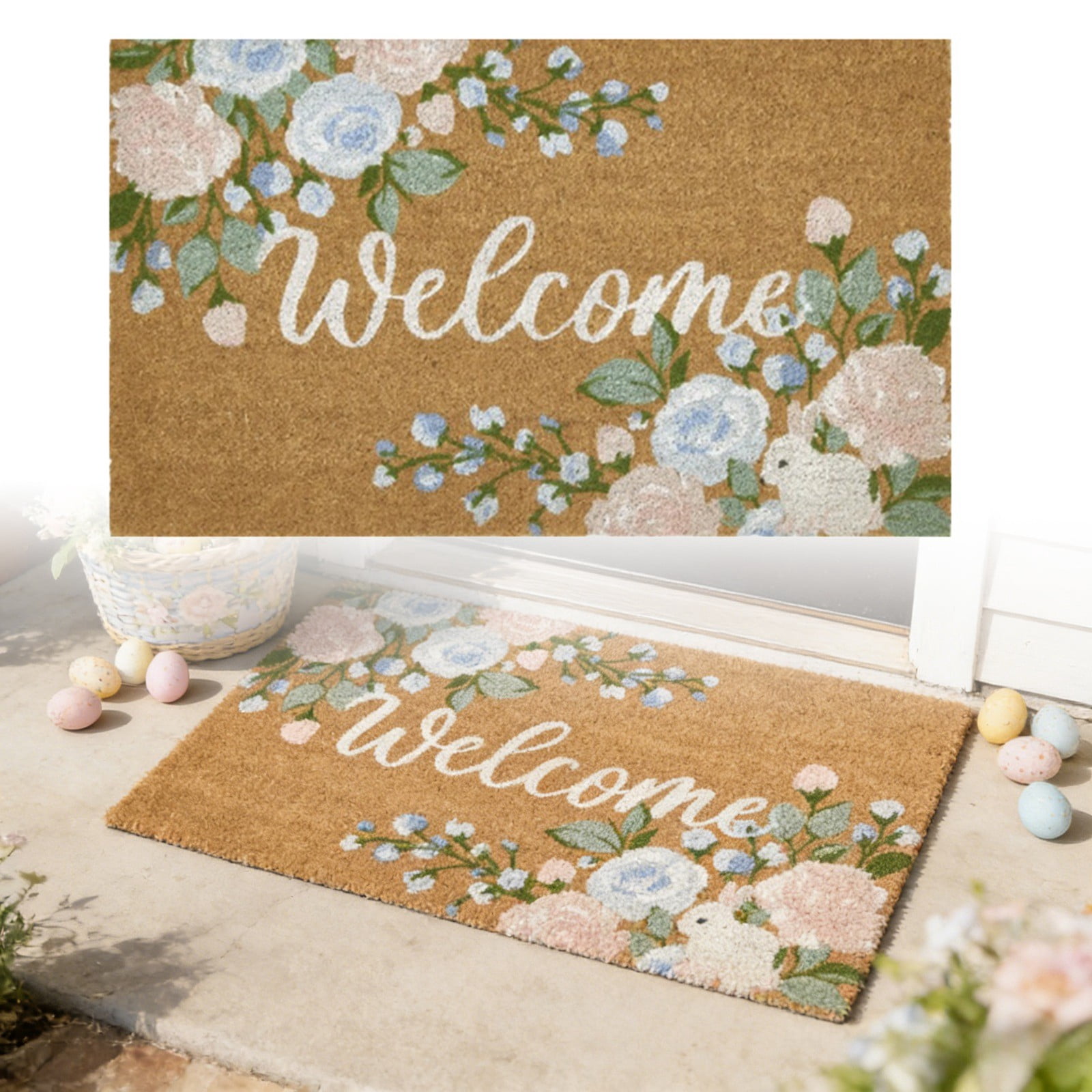 Door Mat Welcome Outdoor Mat: Artificial Coir Doormat for Outdoor Outside Indoor Entrance - Front Door Mats Non- Backing Washable Fall Mat for Home Porch Entry (Floral Welcome Matt, 24"x 36")