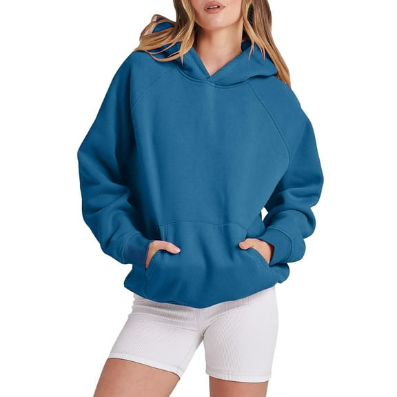 Fgnfyis Women's Solid Basic Letter Loose Hoodie Long Sleeve with Pocket Drop Shoulder Pullover Top for Casual Comfortable Wear Blue M