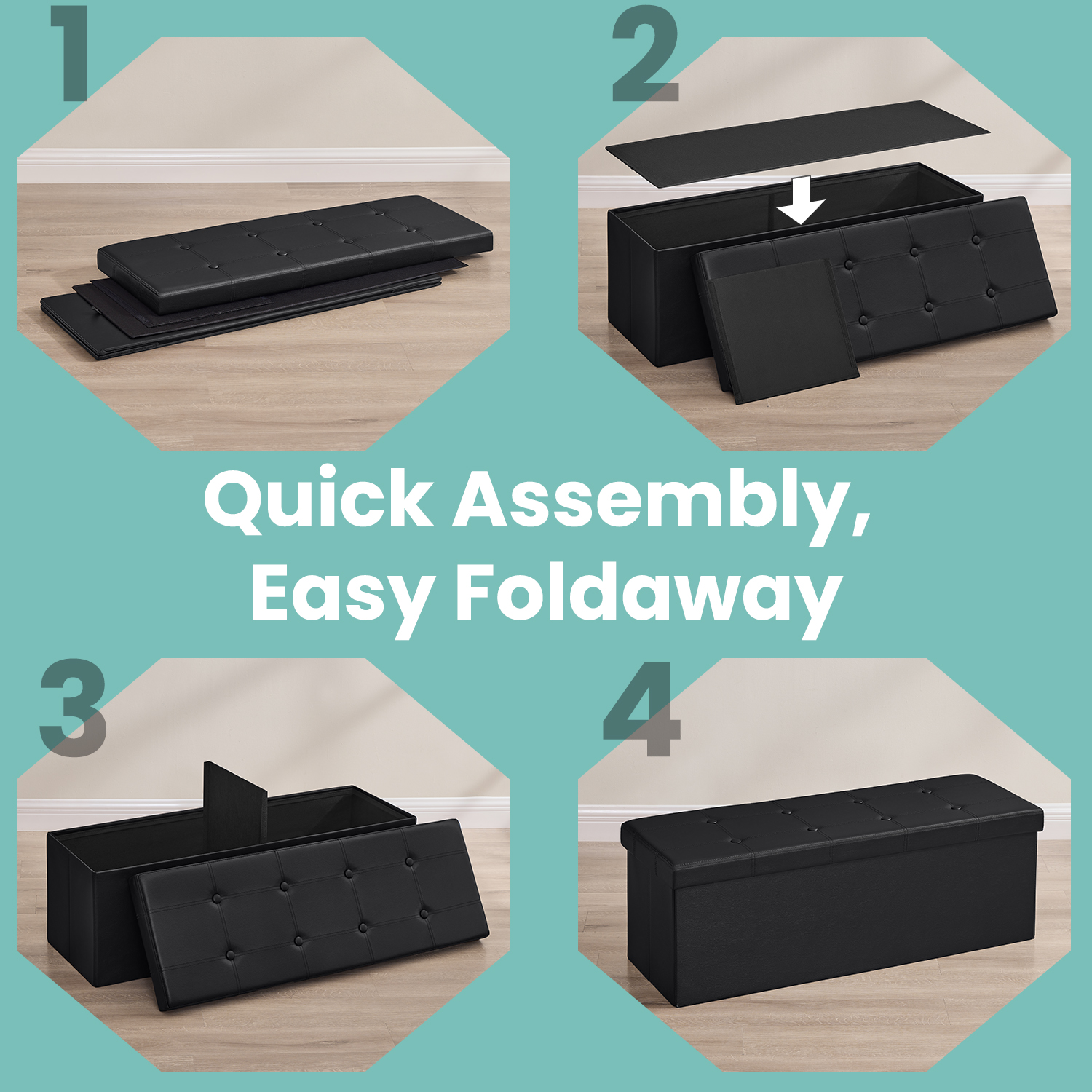 Ledrem 43" Foldable Storage Ottoman Bench, Black photo 5
