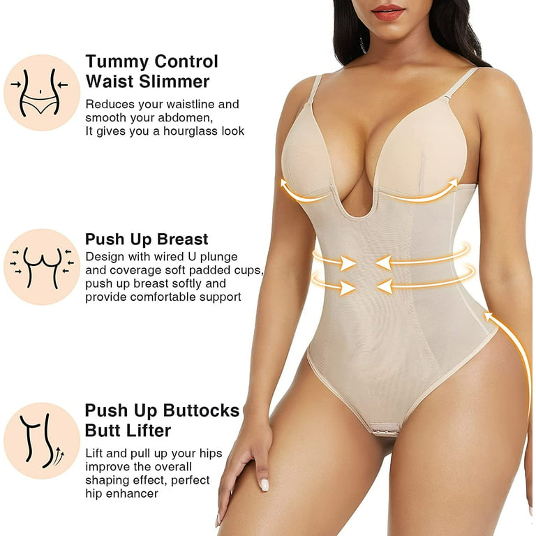 FeelinGirl Thong Shapewear Bodysuit for Women Tummy Control Body Shaper U  Plunge Fajas Colombianas Waist Trainer Corset 