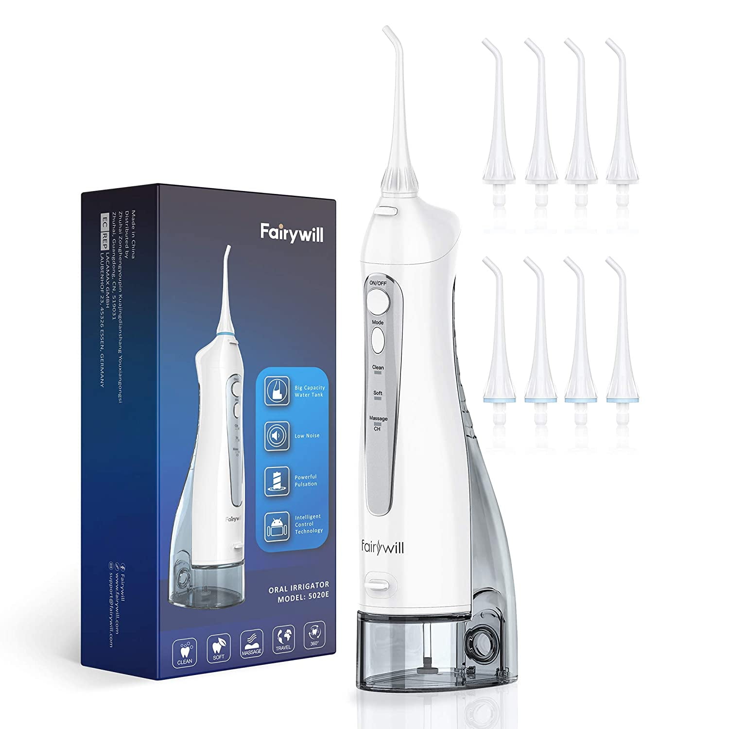 Fairywill Water Flosser Cordless Rechargeable Dental Oral Irrigator with 3 Modes,8 Jet Tips 300ml Water Tank