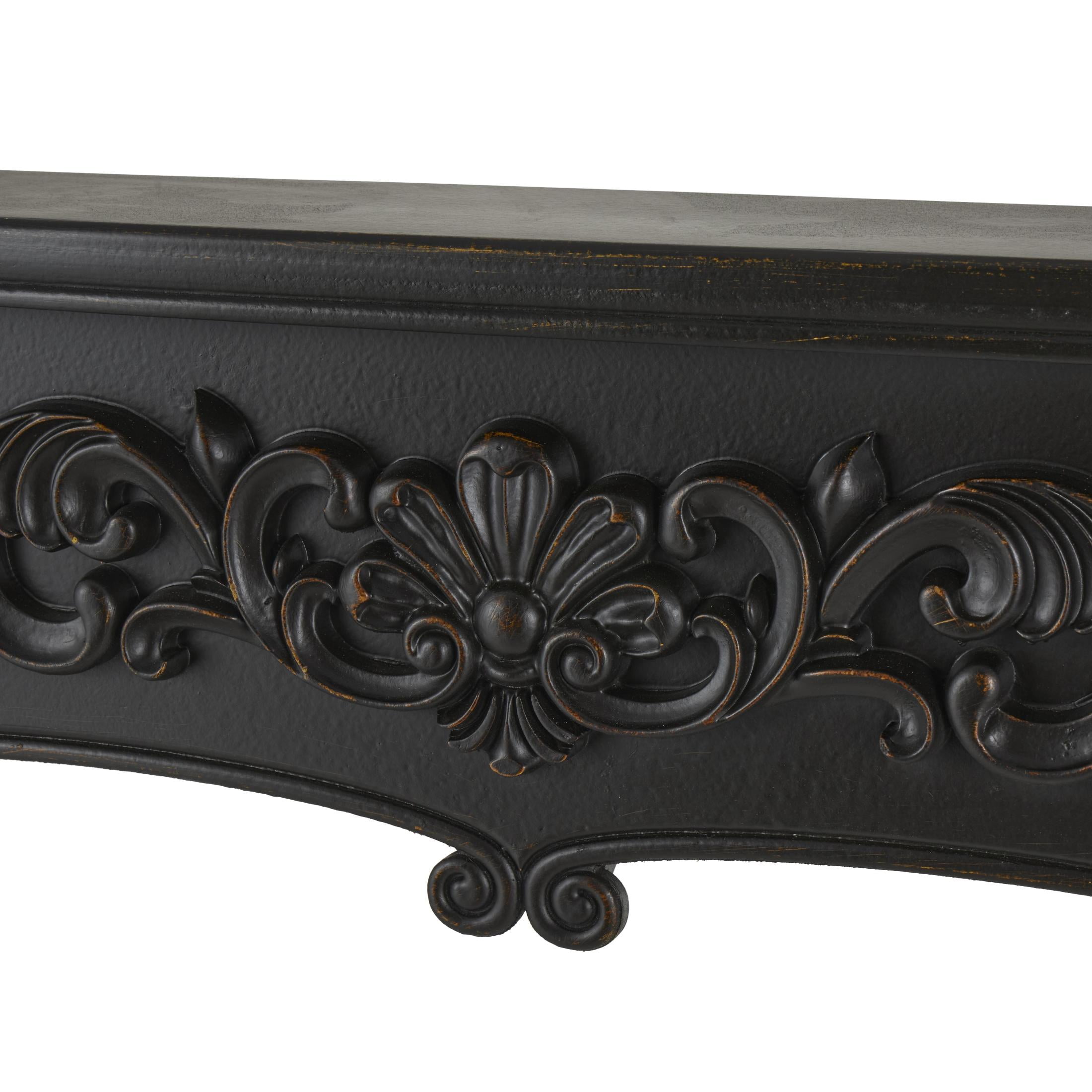 DecMode 45" x 43" Wooden Black Freestanding Scroll Surround Fireplace Mantle with Floral Accents
