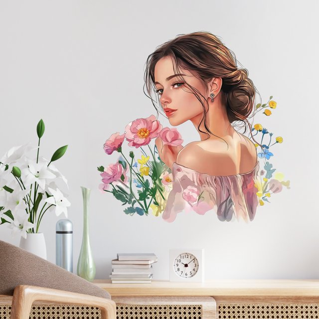 Adhesivos de pared Hermosa niña con flores, acuarela floral