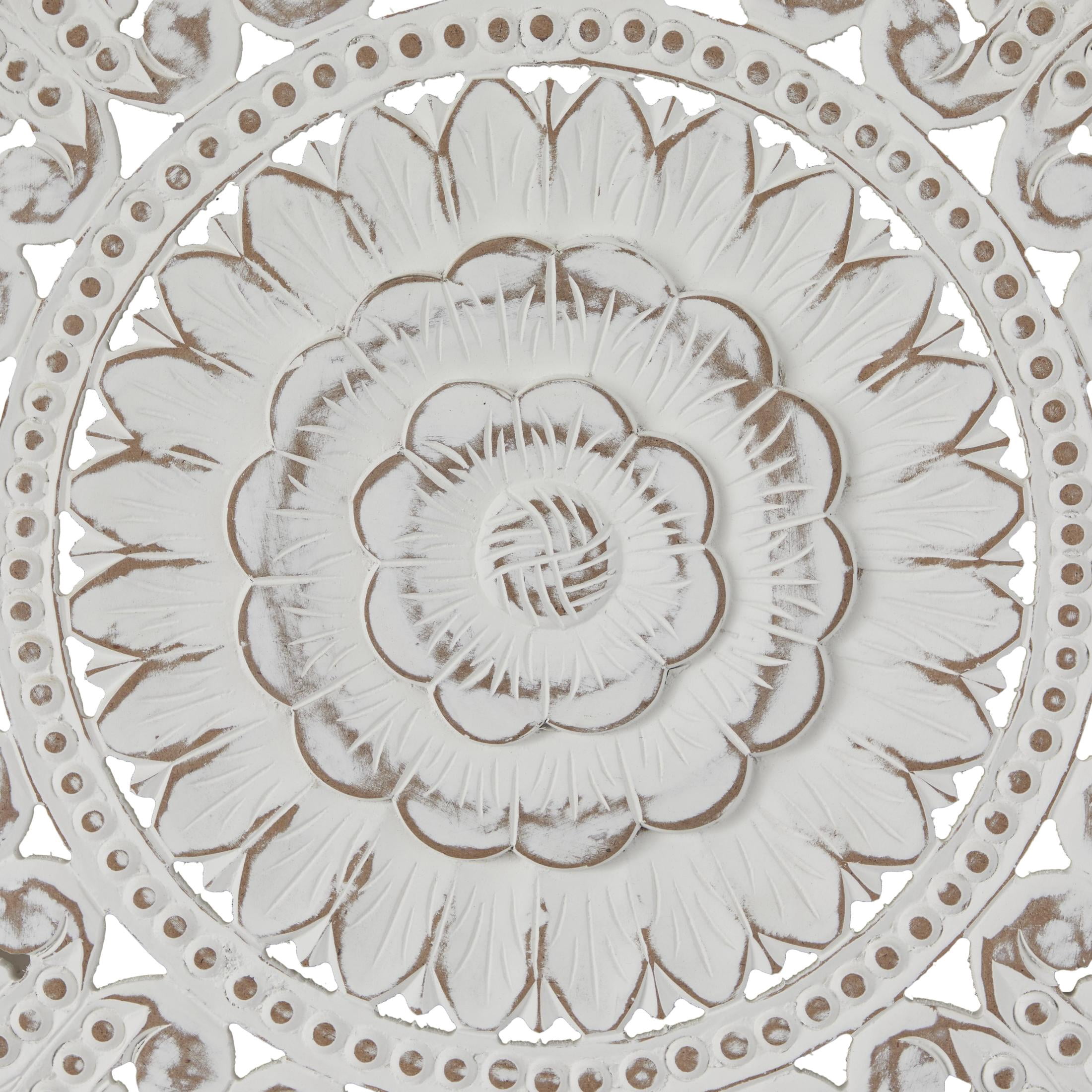 DecMode White Wooden Handmade Intricately Carved Floral Wall Decor with Mandala Design (3 Count)