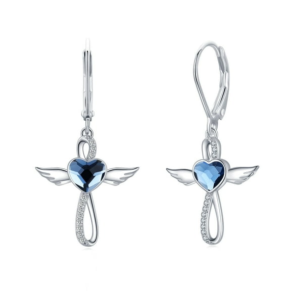 Midir&Etain Angel Wings Cross Dangle Earrings for Women 925 Sterling Silver Infinity Blue Heart Crystal Leverback Hoop Hypoallergenic Earrings Birthday Jewelry Mothers Day Gifts for Mom