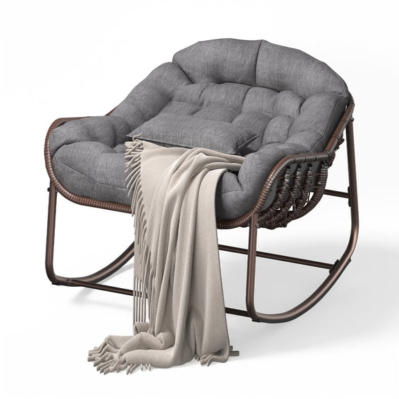Papasan Rocking Chair, Oversized Wicker Lounge Chair with Cushion and Metal Frame, for Balcony Backyard Porch