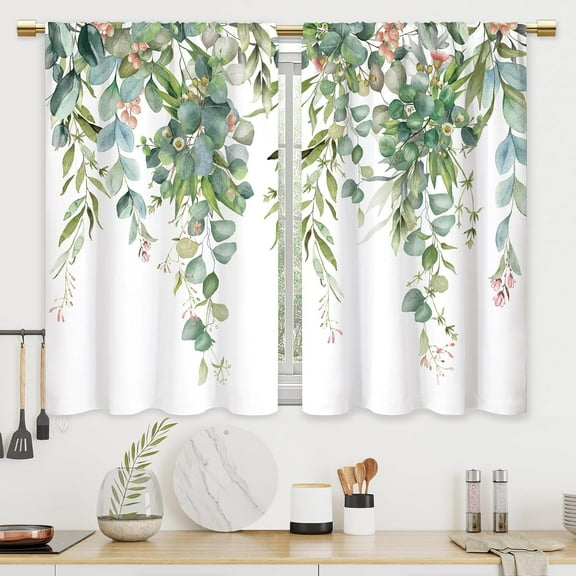 Sage Eucalyptus Botanical Kitchen Curtains Green Leaves Bathroom Curtains Window Treatment Drapes Tier Flower Spring Floral Cafe Small Bedroom Short French Door Curtains 2 Panels 27.5x39 Inch