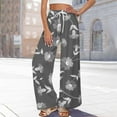 thumbnail image 2 of Mlqidk Pants for Women Dressy Loose High Waist Pants Elastic Drawstring Wide-Leg Beach Pants Summer Boho Floral Print Trousers with Pockets Gray S, 2 of 5