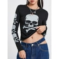 thumbnail image 6 of Women's Spring Autumn Slim Tops Black Long Sleeve Round Neck Skull Print T-shirt Slight Color, 6 of 9