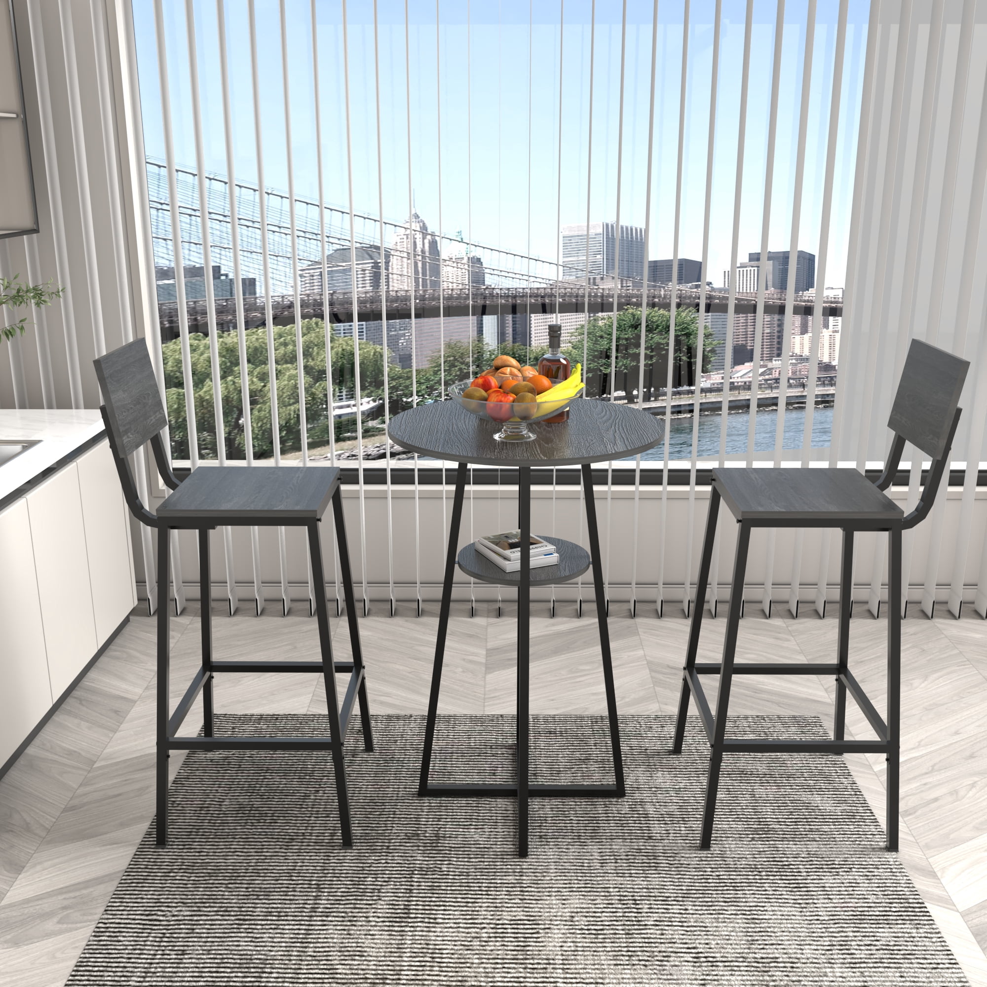 HOQBN 3 Piece Bar Table Set,Round Pub Height Bistro Table with 2 Bar Stools and Storage Shelf, Industrial Counter Height Dining Set for Kitchen, Apartment, Balcony & Cafe,Charcoal grey