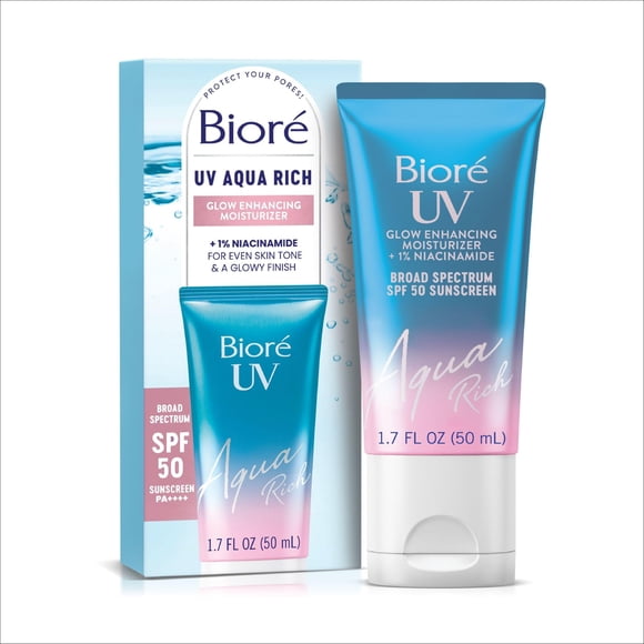Bioré UV Aqua Rich Hidratante Iluminador con SPF, Hidratante Diario con SPF 50, Protector Facial con 1% de Niacinamida, 48 g