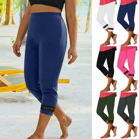 yoeyez Womens Capris for Summer Casual,Women Lace Splicing Leggings Elastic Waist Knee Length Capri Pants Soft Comfy Lounge Capris Flash Sale Of The Day Hot Pink,S
