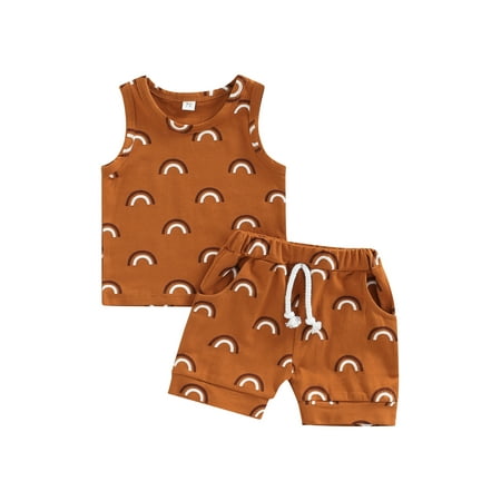 

Inevnen Toddlers Baby Boys Girls Rainbow/Seashell Printing Round Collar Sleeveless Vest Tops + Elastic Waist Shorts