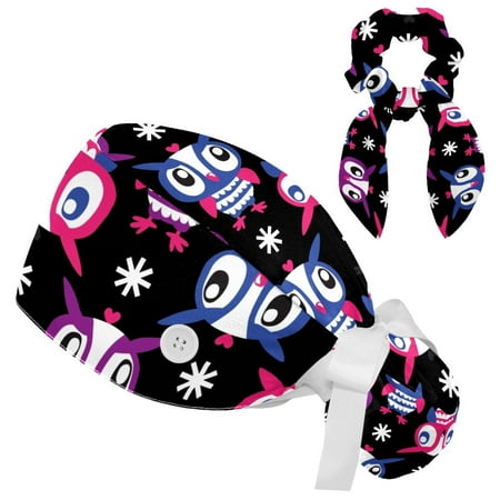 

Working Cap with Buttons and Sweatband Scrub Hat Bouffant Caps with Scrunchie Owl Tie Back Hats