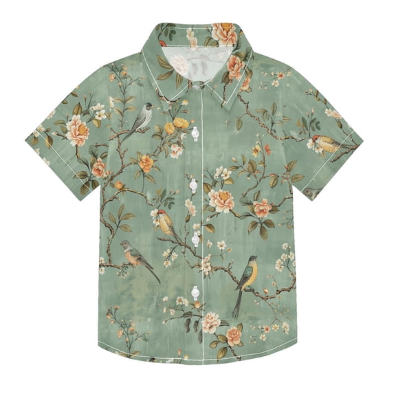 Dailycode Small Short Sleeve Button Down Shirts Vintage Chinese Bird and Flower Casual Shirt 3-10 Years