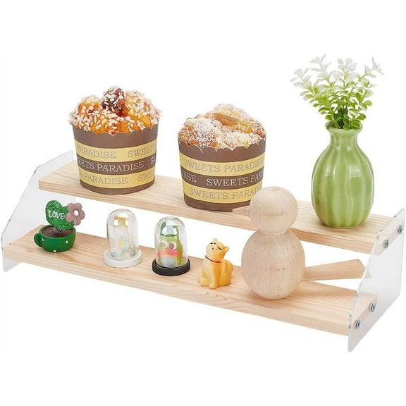 2 Tier Wood Acrylic Display Stand Riser Shelf Wooden Display Shelf Risers Organizer Tabletop Displays Shelves for Collectibles Figures Cupcakes Perfumes Desserts 12x4.21x2.91inch for DIY